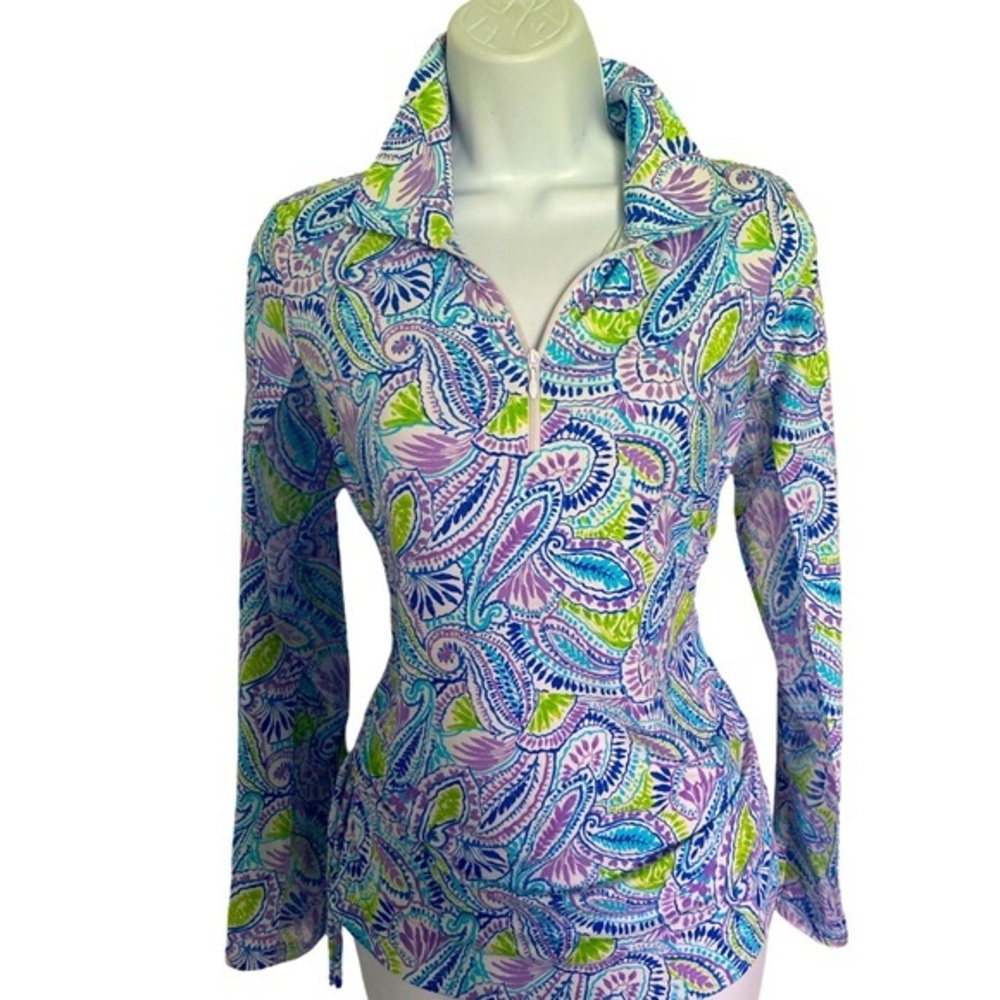 Ibkul Quarter Zip Top - S blue. Purple , nylon spandex , tie up sides